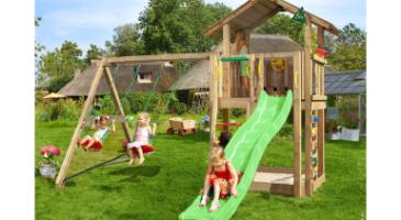 Legetårn Chalet 2.1, inkl. Swing modul, 120 kg sand, grøn rutschebane